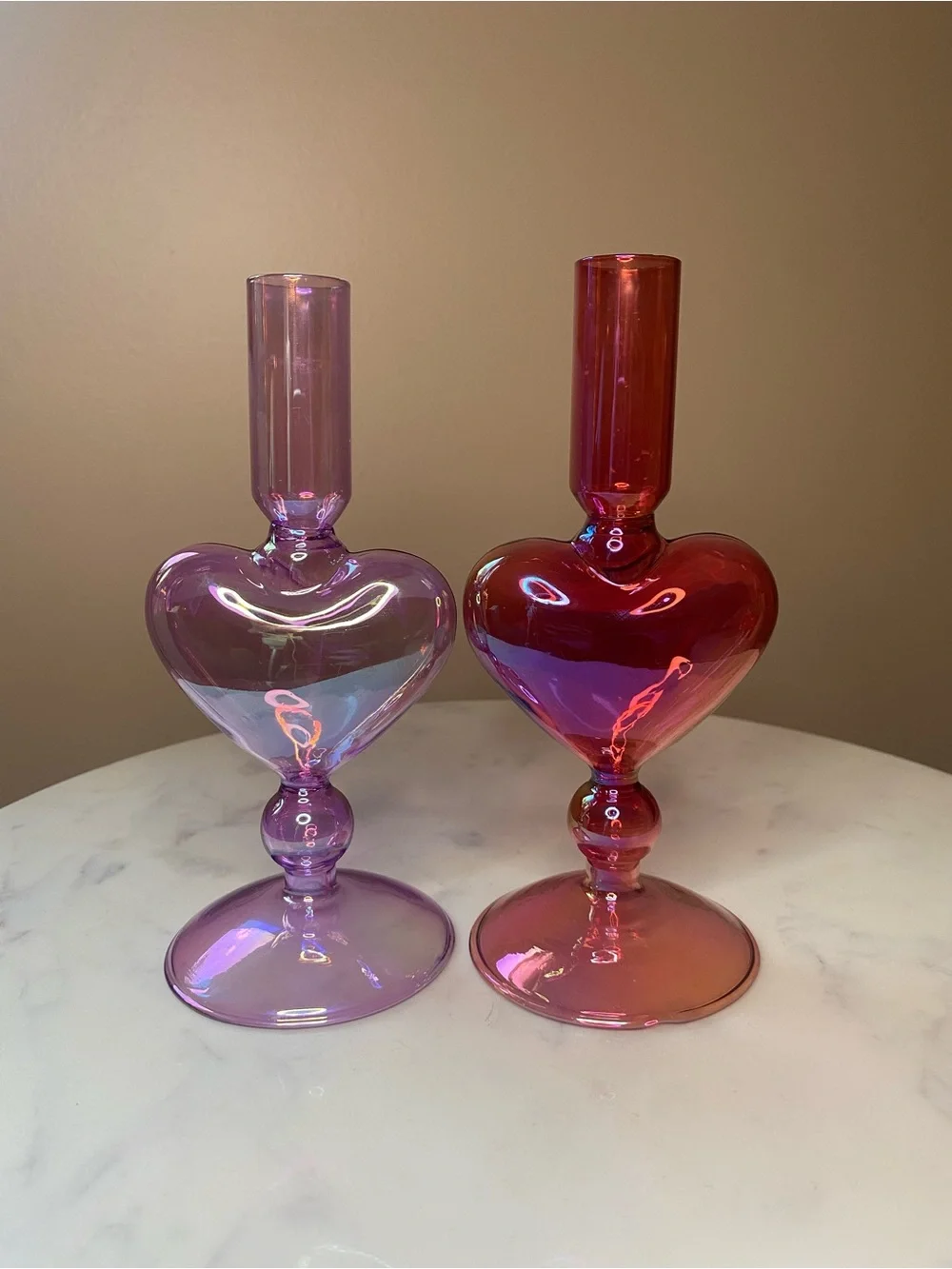 (2) Glass Heart Tapered Candle Holders